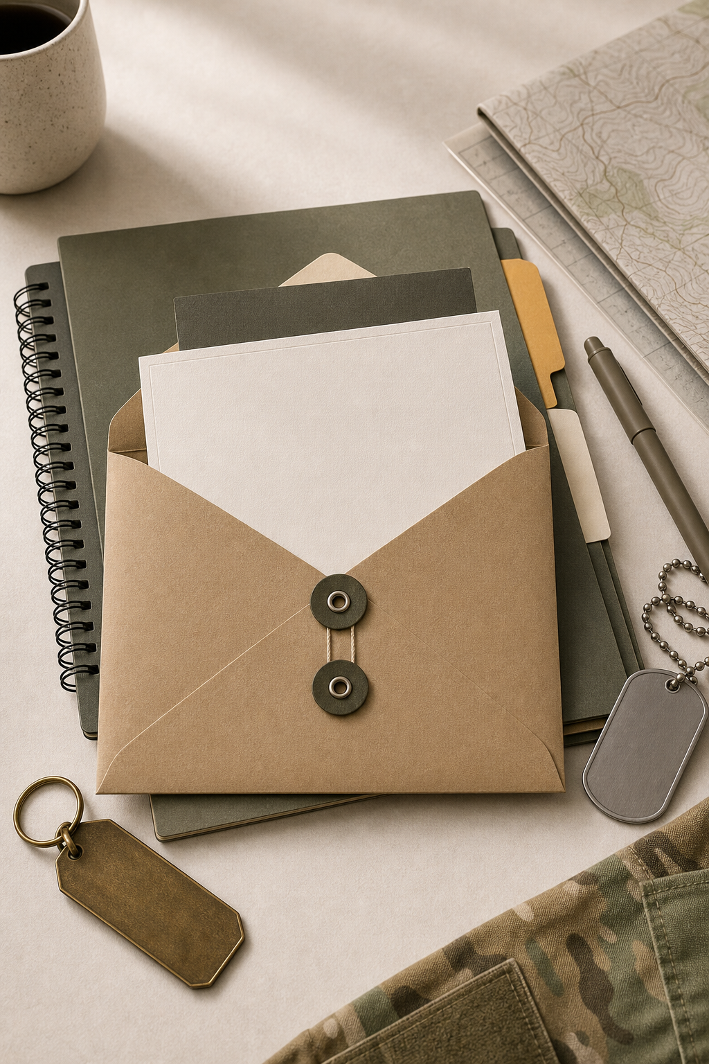 A military account setup packet with an envelope, map, notebook, and blank dog tag.