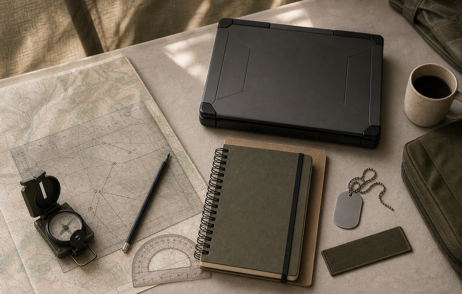 A military command-post desk with a map, notebook, compass, and rugged laptop.