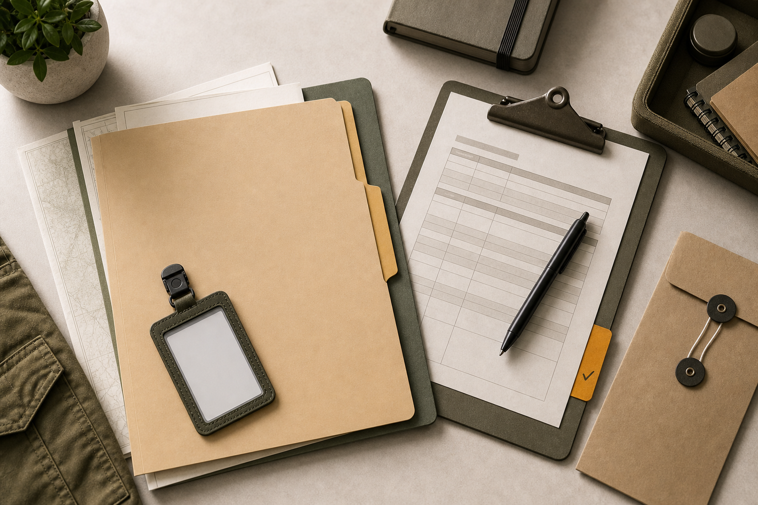 A military access packet with folders, a clipboard, and field desk materials.